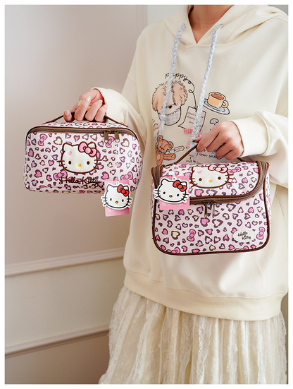 Hello Kitty Leopard Print Makeup Bag, Large Capacity Cosmetic Organizer, Portable Travel Toiletry Bag with Zipper Handle for Women and Girls