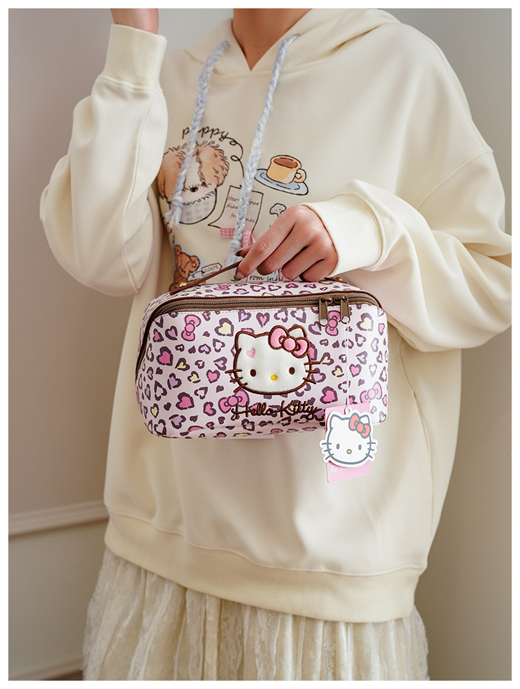 Hello Kitty Leopard Print Makeup Bag, Large Capacity Cosmetic Organizer, Portable Travel Toiletry Bag with Zipper Handle for Women and Girls