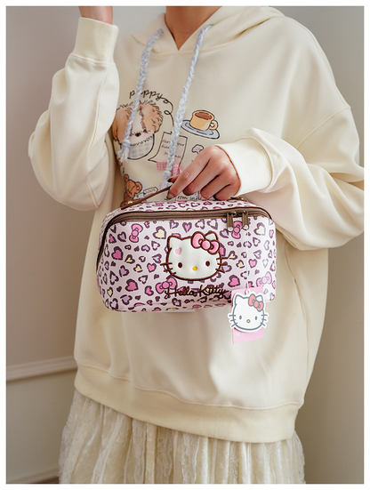 Hello Kitty Leopard Print Makeup Bag, Large Capacity Cosmetic Organizer, Portable Travel Toiletry Bag with Zipper Handle for Women and Girls