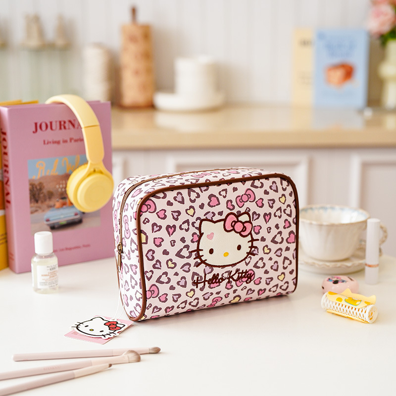 Hello Kitty Leopard Print Makeup Bag, Large Capacity Cosmetic Organizer, Portable Travel Toiletry Bag with Zipper Handle for Women and Girls