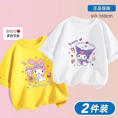Kuromi x Melody Girls Summer Cotton T‑Shirt Set – Sweet Cartoon Short Sleeve Twin Pack