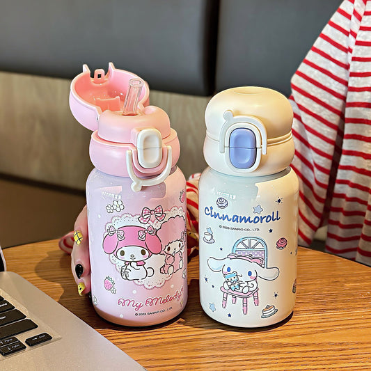 Sanrio Family Cartoon Thermos Cup – Double-Drink Lock Design with Reinforced Carry Ring