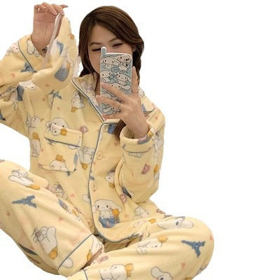 Sanrio Cinnamon Dog Coral Velvet Pajama Set for Women — Plush Flannel Warm Loungewear with Lapel Cardigan and Long Pants, Thickened Autumn Winter Homewear Set