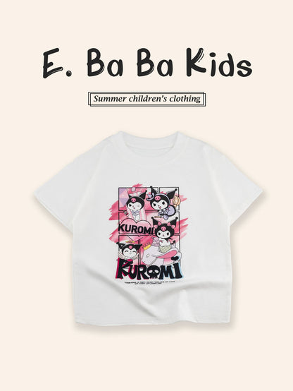 Sanrio Kuromi Girls Cartoon Print Cotton T-Shirt – Short Sleeve Top for Kids