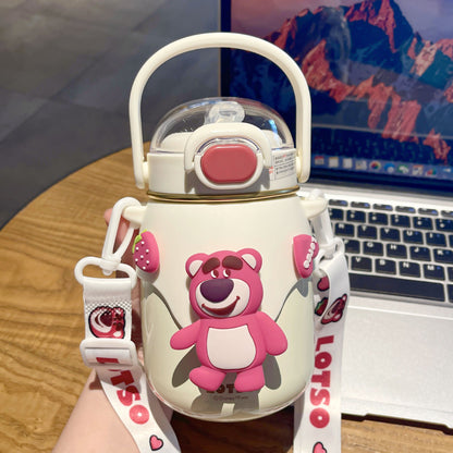 Strawberry Bear Cartoon Thermos Cup – Large Capacity Doll Straw Mug for Students