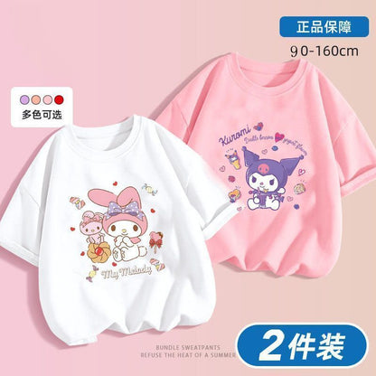 Kuromi x Melody Girls Summer Cotton T‑Shirt Set – Sweet Cartoon Short Sleeve Twin Pack