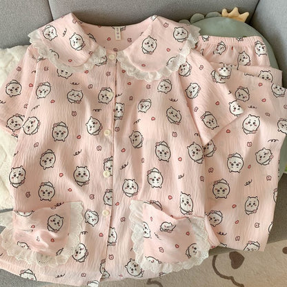 Crayon Shin-chan Pajama Set — Plus Size Lace Doll Collar Three-Piece Loungewear | Short Sleeve Top + Shorts + Long Pants Soft Cloud Cotton Sleepwear for Women & Men Spring Summer 2025