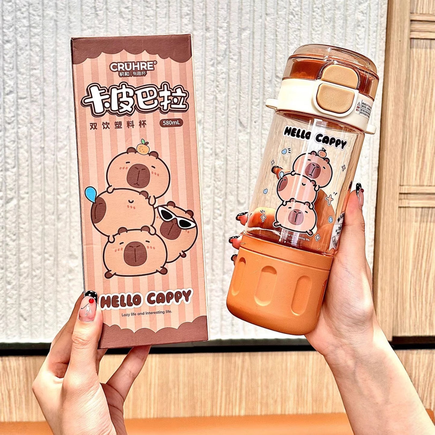 Capybara Double-Drink Plastic Cup – Pop Lid Kids Cartoon Straw Cup, Portable Girls Water Bottle