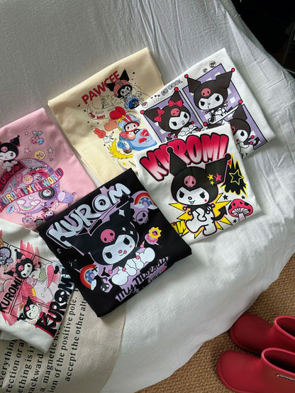 Sanrio Kuromi Girls Cartoon Print Cotton T-Shirt – Short Sleeve Top for Kids