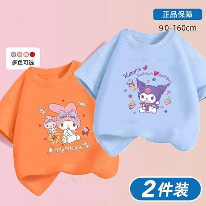 Kuromi x Melody Girls Summer Cotton T‑Shirt Set – Sweet Cartoon Short Sleeve Twin Pack