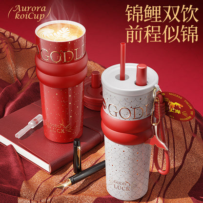 Ceramic Liner Straw Thermos Cup – Large Capacity Car & Travel Mug with Sturdy Carry Ring