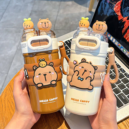 Capybara Cartoon Thermos Cup 316 Stainless Steel – Double-Drink Kids Insulated Cup with Lock Buckle