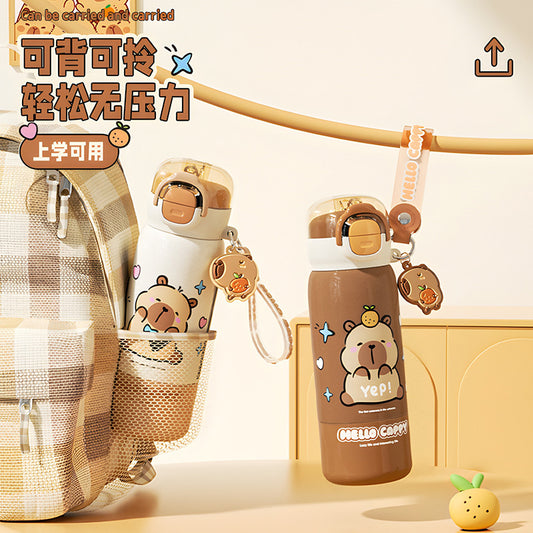 Capybara Kids Stainless Steel Thermos Cup 316 – Double-Drink Portable Cup with Carry Ring
