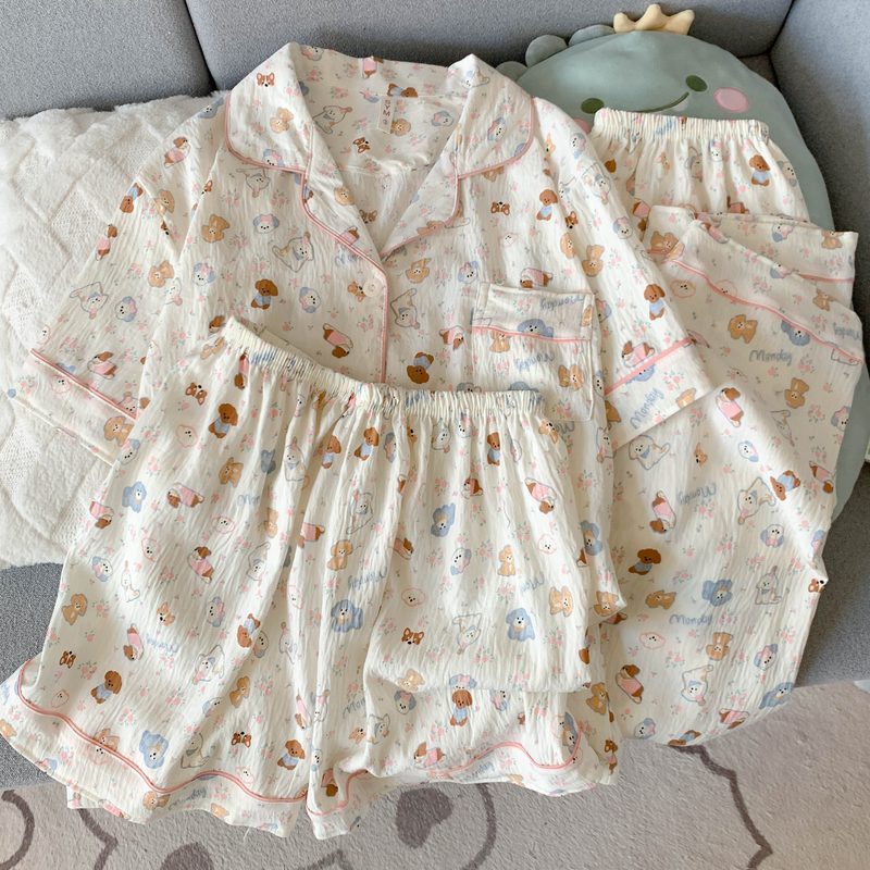 Crayon Shin-chan Pajama Set — Plus Size Lace Doll Collar Three-Piece Loungewear | Short Sleeve Top + Shorts + Long Pants Soft Cloud Cotton Sleepwear for Women & Men Spring Summer 2025