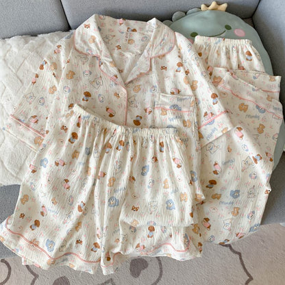 Crayon Shin-chan Pajama Set — Plus Size Lace Doll Collar Three-Piece Loungewear | Short Sleeve Top + Shorts + Long Pants Soft Cloud Cotton Sleepwear for Women & Men Spring Summer 2025