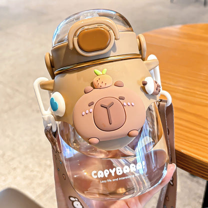 Capybara Large Capacity Plastic Straw Cup – Cute Cartoon Girls Water Bottle, Portable & Convenient