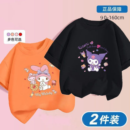 Kuromi x Melody Girls Summer Cotton T‑Shirt Set – Sweet Cartoon Short Sleeve Twin Pack