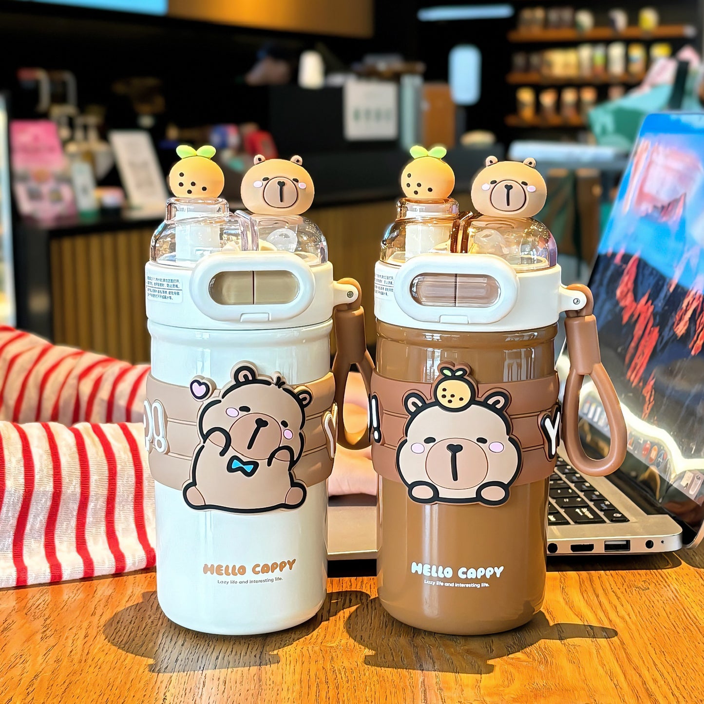 Capybara Cartoon Thermos Cup 316 Stainless Steel – Double-Drink Kids Insulated Cup with Lock Buckle