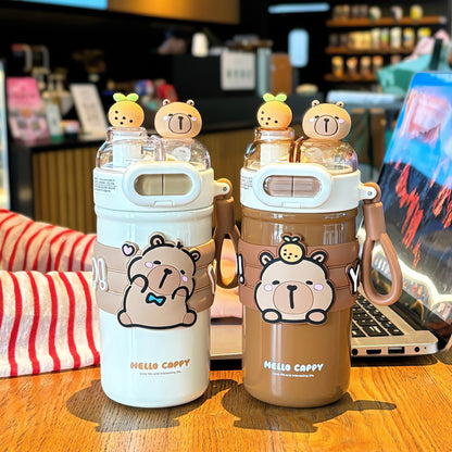 Capybara Cartoon Thermos Cup 316 Stainless Steel – Double-Drink Kids Insulated Cup with Lock Buckle