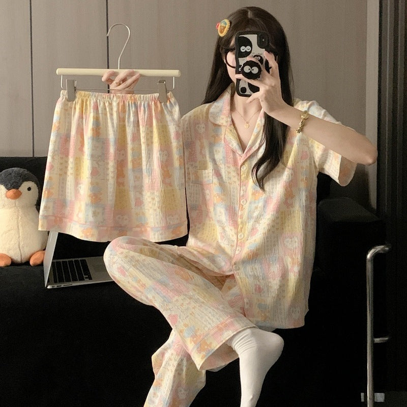 Crayon Shin-chan Pajama Set — Plus Size Lace Doll Collar Three-Piece Loungewear | Short Sleeve Top + Shorts + Long Pants Soft Cloud Cotton Sleepwear for Women & Men Spring Summer 2025