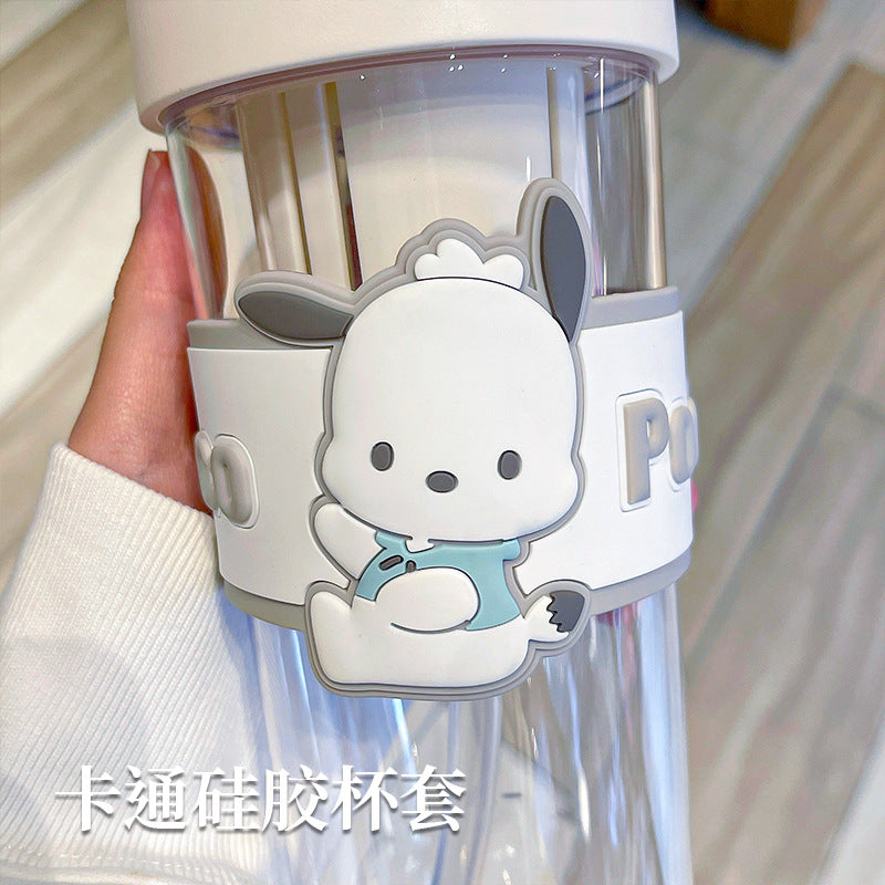 Sanrio Cartoon Plastic Water Cup with Straw – Trendy Fruit Tea Design, Large Capacity Sports Cup