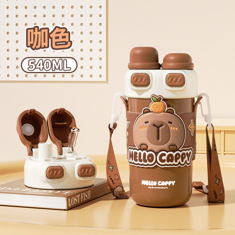 Capybara Cartoon Thermos Cup 316 Stainless Steel – Double-Drink Kids Insulated Cup with Lock Buckle