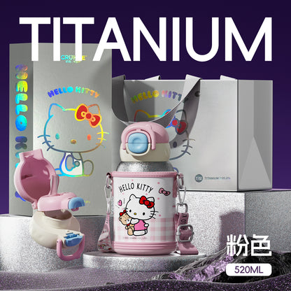 Cute pure titanium cup double drink children's thermos cup independent cup sleeve adjustable cup cord for easy carrying of water cups