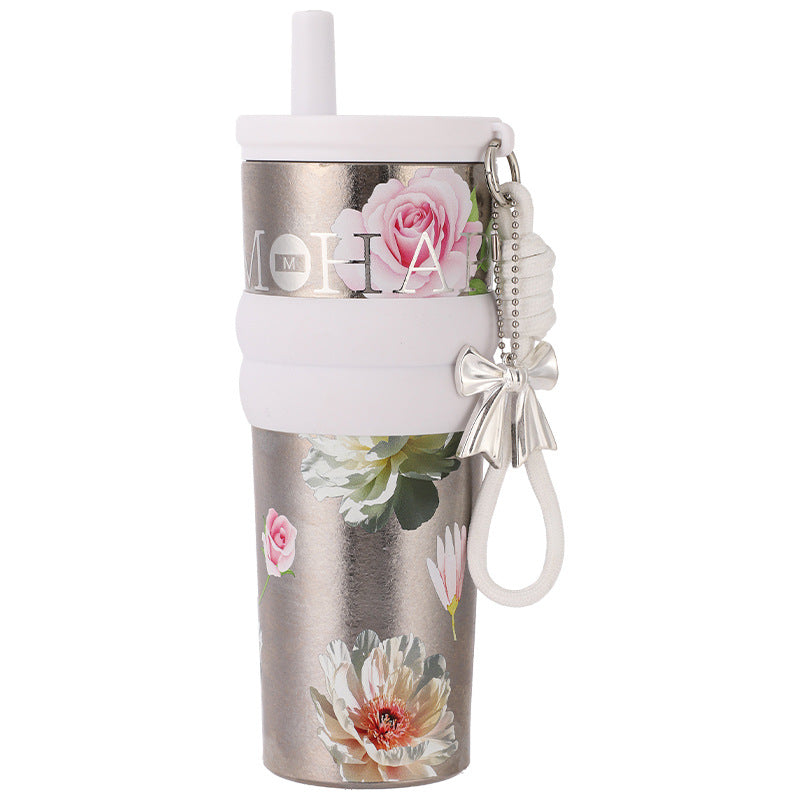 Floral Series Pure Titanium Thermos Cup – Large Capacity Silk-Screen Mug with Sturdy Carry Ring