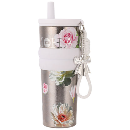 Floral Series Pure Titanium Thermos Cup – Large Capacity Silk-Screen Mug with Sturdy Carry Ring