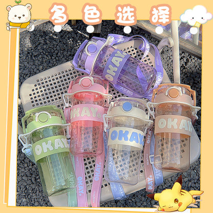 Large Capacity Summer Sports Cup – Simple Double-Drink Girls Straw Water Bottle, Portable