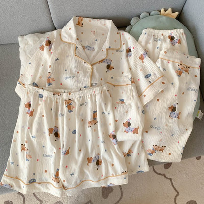 Crayon Shin-chan Pajama Set — Plus Size Lace Doll Collar Three-Piece Loungewear | Short Sleeve Top + Shorts + Long Pants Soft Cloud Cotton Sleepwear for Women & Men Spring Summer 2025
