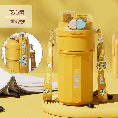Large Capacity Portable Coffee Thermos Cup – Double-Drink Summer Straw Mug for Students