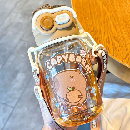 Capybara Kids Water Cup 2025 – Large Capacity Double-Drink Cup with Lock Buckle & Handle Straw