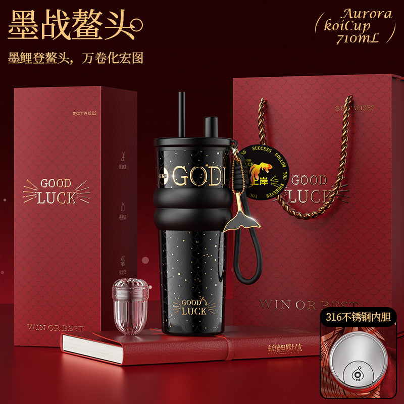 Ceramic Liner Straw Thermos Cup – Large Capacity Car & Travel Mug with Sturdy Carry Ring