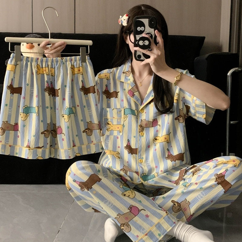 Crayon Shin-chan Pajama Set — Plus Size Lace Doll Collar Three-Piece Loungewear | Short Sleeve Top + Shorts + Long Pants Soft Cloud Cotton Sleepwear for Women & Men Spring Summer 2025