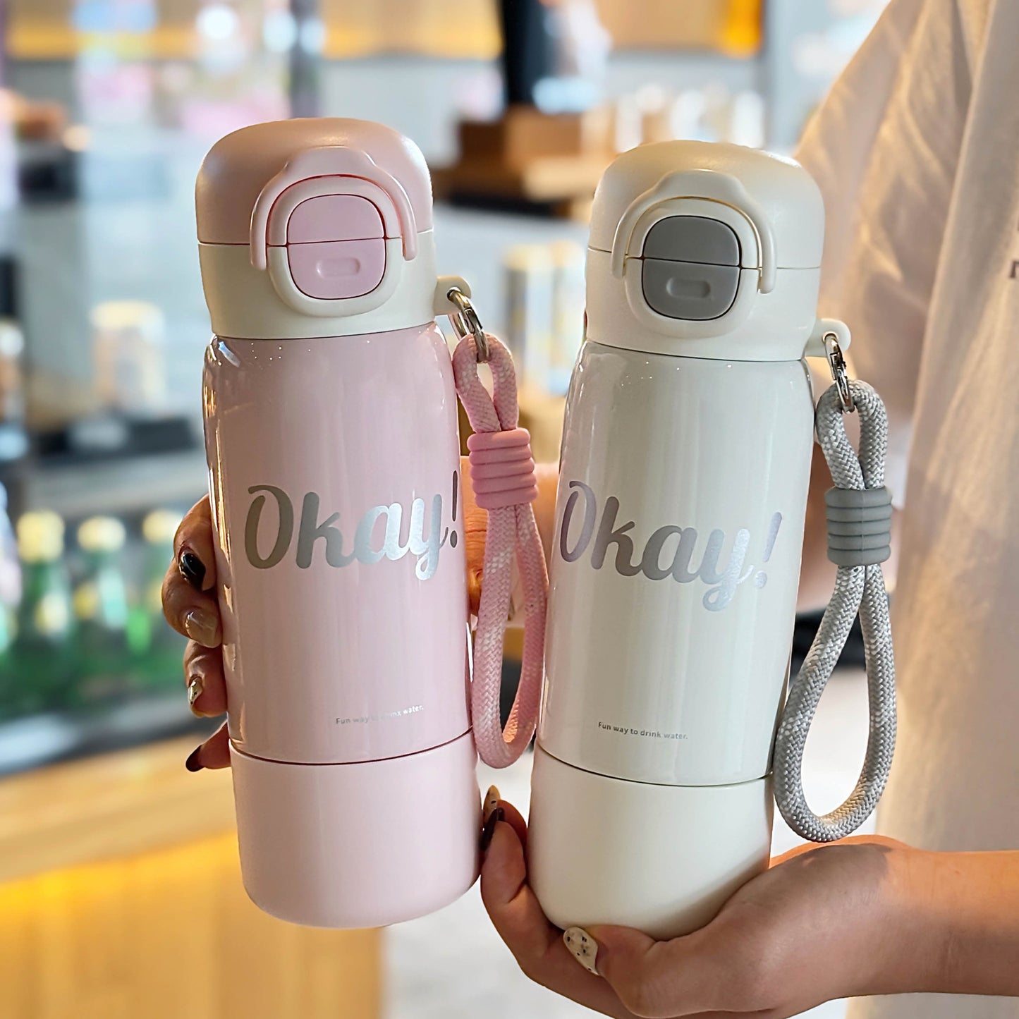 Minimalist Silk-Screen Thermos Cup – Double-Drink Insulated Mug with Rope & Lock Design