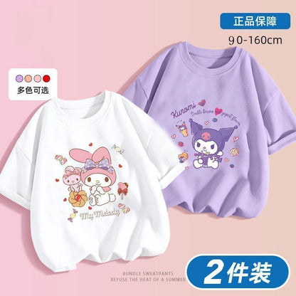 Kuromi x Melody Girls Summer Cotton T‑Shirt Set – Sweet Cartoon Short Sleeve Twin Pack