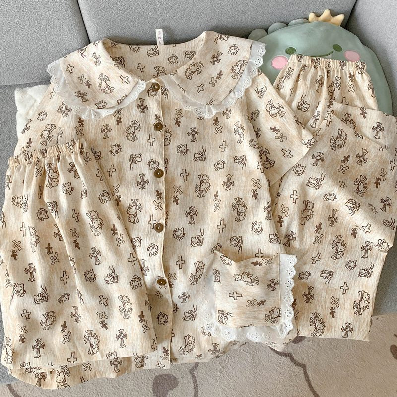 Crayon Shin-chan Pajama Set — Plus Size Lace Doll Collar Three-Piece Loungewear | Short Sleeve Top + Shorts + Long Pants Soft Cloud Cotton Sleepwear for Women & Men Spring Summer 2025