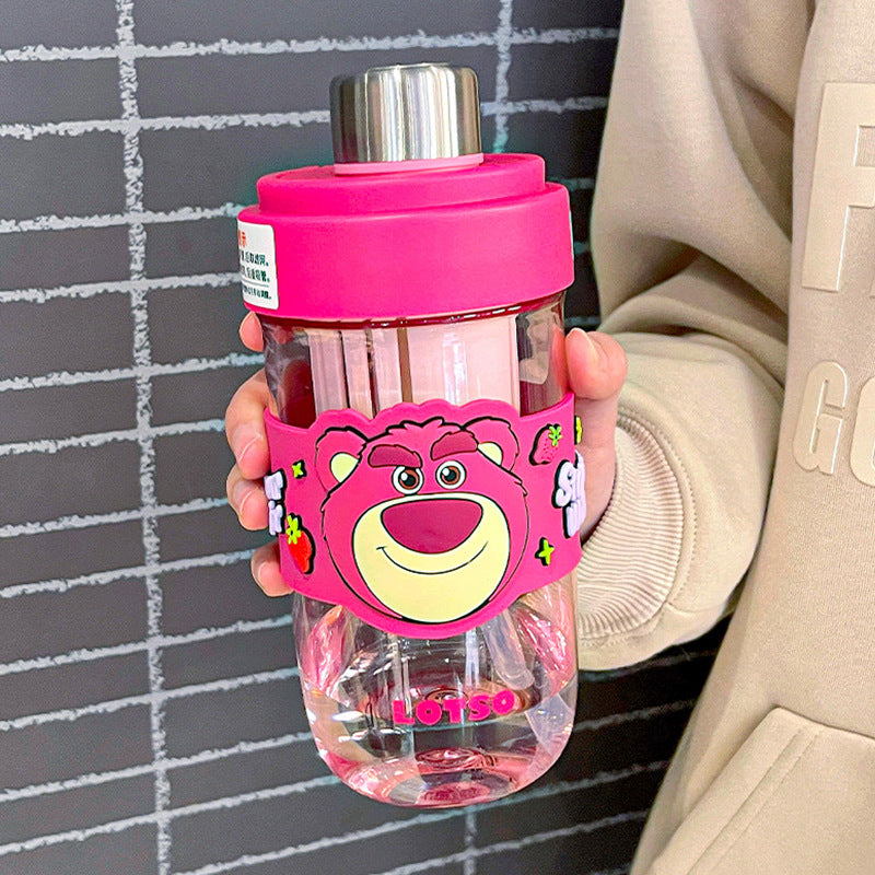 Sanrio Cartoon Plastic Water Cup with Straw – Trendy Fruit Tea Design, Large Capacity Sports Cup