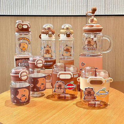Capybara Double-Drink Plastic Cup – Pop Lid Kids Cartoon Straw Cup, Portable Girls Water Bottle