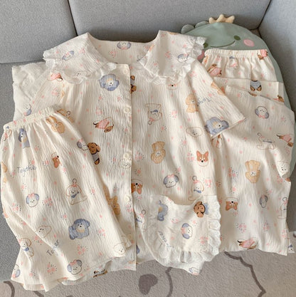 Crayon Shin-chan Pajama Set — Plus Size Lace Doll Collar Three-Piece Loungewear | Short Sleeve Top + Shorts + Long Pants Soft Cloud Cotton Sleepwear for Women & Men Spring Summer 2025