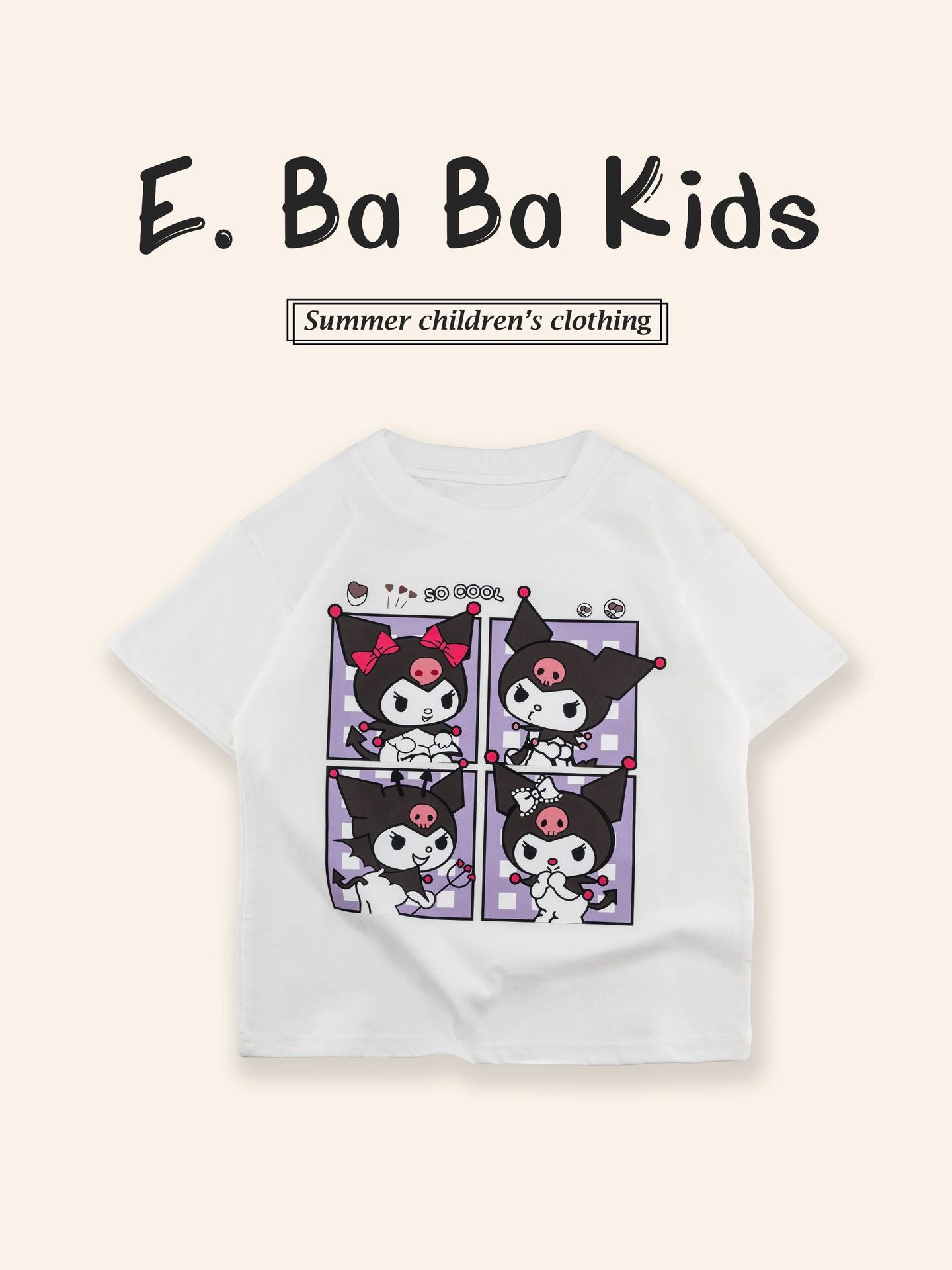 Sanrio Kuromi Girls Cartoon Print Cotton T-Shirt – Short Sleeve Top for Kids