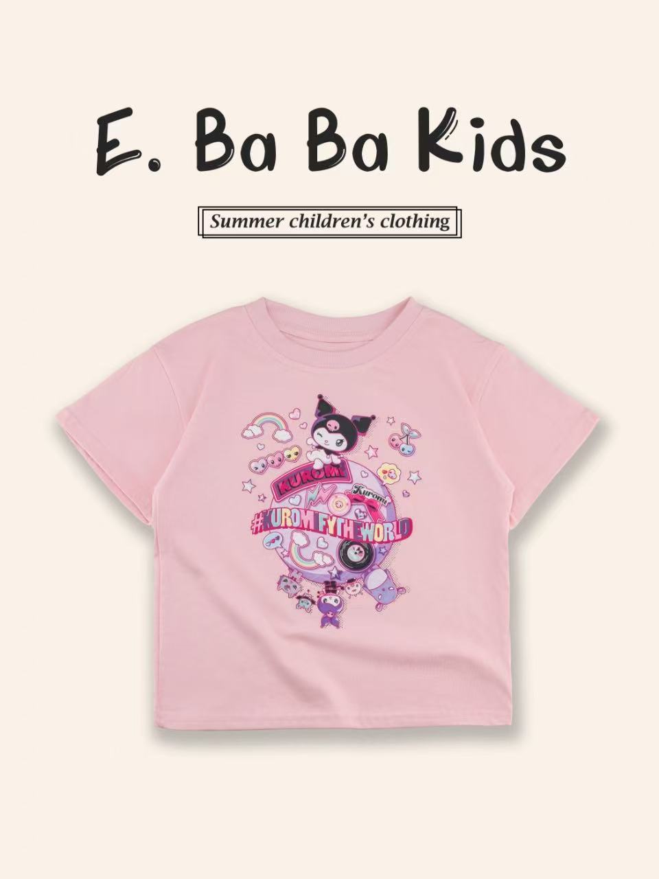 Sanrio Kuromi Girls Cartoon Print Cotton T-Shirt – Short Sleeve Top for Kids