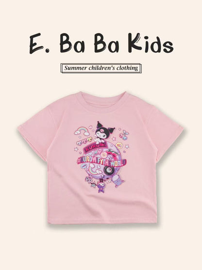 Sanrio Kuromi Girls Cartoon Print Cotton T-Shirt – Short Sleeve Top for Kids