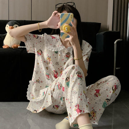 Crayon Shin-chan Pajama Set — Plus Size Lace Doll Collar Three-Piece Loungewear | Short Sleeve Top + Shorts + Long Pants Soft Cloud Cotton Sleepwear for Women & Men Spring Summer 2025