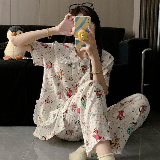 Crayon Shin-chan Pajama Set — Plus Size Lace Doll Collar Three-Piece Loungewear | Short Sleeve Top + Shorts + Long Pants Soft Cloud Cotton Sleepwear for Women & Men Spring Summer 2025