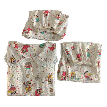 Crayon Shin-chan Pajama Set — Plus Size Lace Doll Collar Three-Piece Loungewear | Short Sleeve Top + Shorts + Long Pants Soft Cloud Cotton Sleepwear for Women & Men Spring Summer 2025