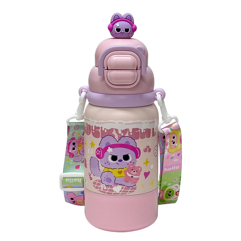 Cute and portable children's pot comes with adjustable cup rope lock design, independent doll straw, direct drinking cup