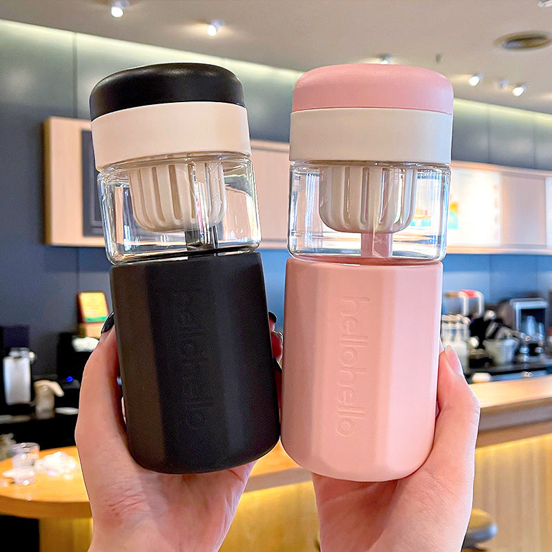 Minimalist Letter Tea Glass Cup – Silicone Lid with Tea Infuser, Waterproof Office Cup