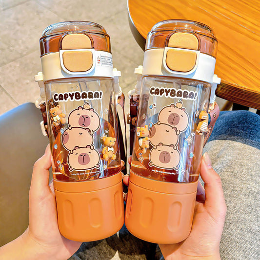 Capybara Double-Drink Plastic Cup – Pop Lid Kids Cartoon Straw Cup, Portable Girls Water Bottle